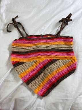 Urban Outfitters Crocheted Stripe Tie-Shoulder Crop Top — Brown, Pink & Yellow